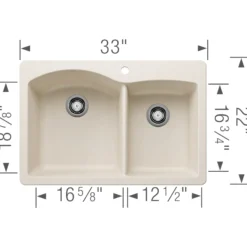 Blanco Diamond 33" Dual Mount Silgranit Kitchen Sink, 60/40 Double Bowl, Soft White, 1 Faucet Hole, 443063