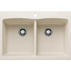 Blanco Diamond 33" Dual Mount Silgranit Kitchen Sink, 50/50 Double Bowl, Soft White, 1 Faucet Hole, 443067