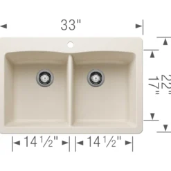 Blanco Diamond 33" Dual Mount Silgranit Kitchen Sink, 50/50 Double Bowl, Soft White, 1 Faucet Hole, 443067