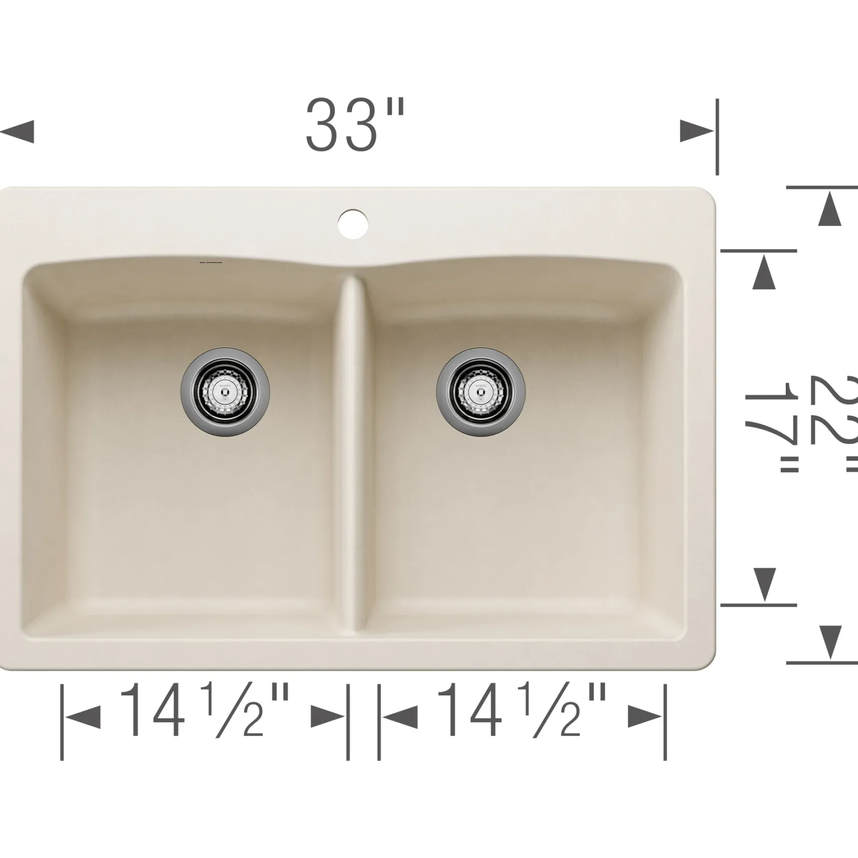 Blanco Diamond 33" Dual Mount Silgranit Kitchen Sink, 50/50 Double Bowl, Soft White, 1 Faucet Hole, 443067
