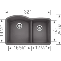 Blanco Diamond 32" Undermount Granite Composite Kitchen Sink, Silgranit, 60/40 Double Bowl, Cinder, 441469