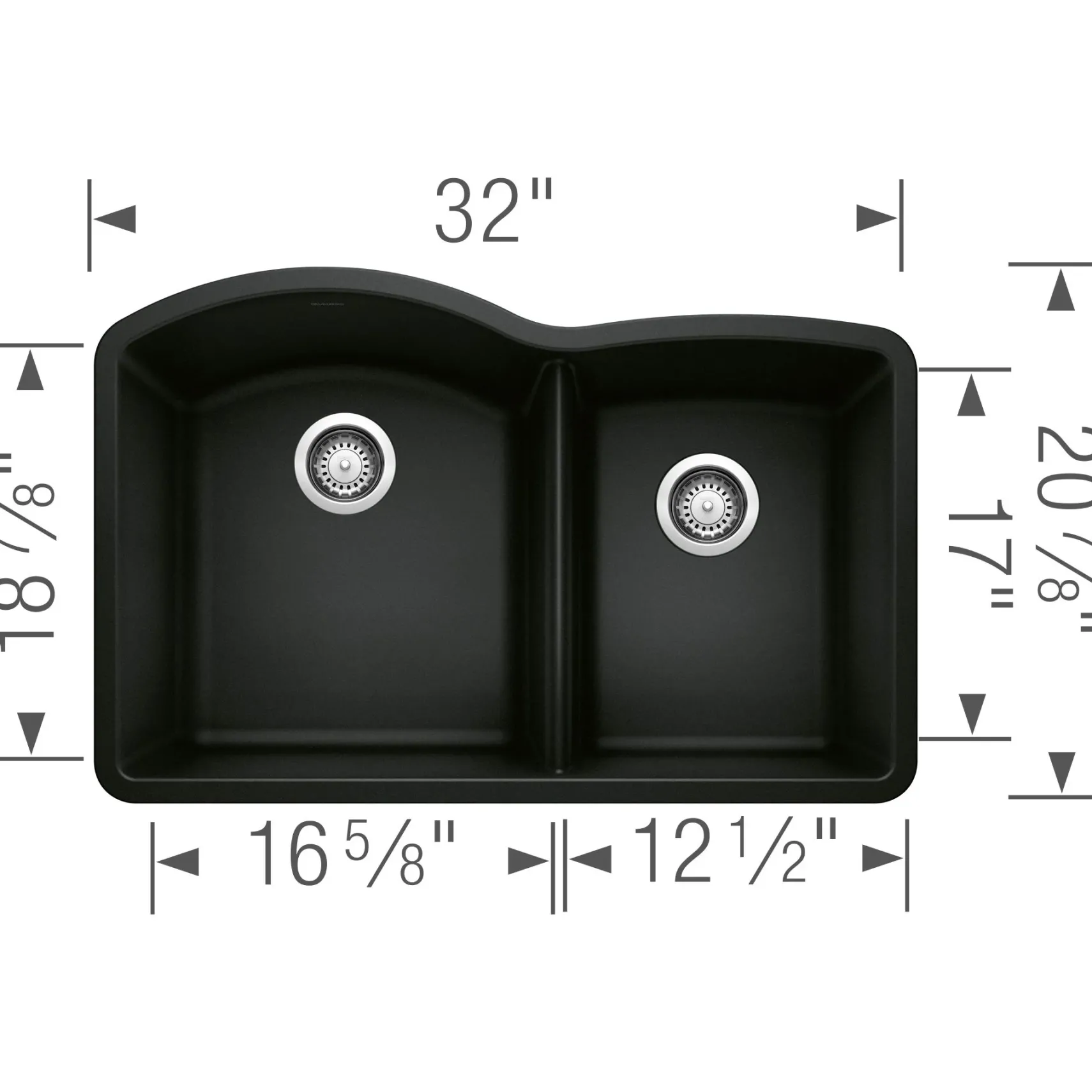 Blanco Diamond 32" Undermount Granite Composite Kitchen Sink, Silgranit, 60/40 Double Bowl, Coal Black, 442909