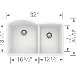 Blanco Diamond 32" Undermount Granite Composite Kitchen Sink, Silgranit, 60/40 Double Bowl, White, 440180