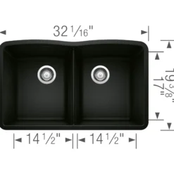 Blanco Diamond 32" Undermount Granite Composite Kitchen Sink, Silgranit, 50/50 Double Bowl, Coal Black, 442913
