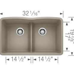 Blanco Diamond 32" Undermount Granite Composite Kitchen Sink, Silgranit, 50/50 Double Bowl, Truffle, 442072
