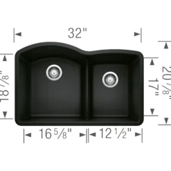 Blanco Diamond 32" Undermount Granite Composite Kitchen Sink, Silgranit, 60/40 Double Bowl, Coal Black, 442910