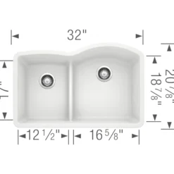Blanco Diamond 32" Undermount Granite Composite Kitchen Sink, Silgranit, 40/60 Double Bowl, White, 441603
