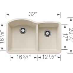 Blanco Diamond 32" Undermount Silgranit Kitchen Sink, 60/40 Double Bowl, Soft White, No Faucet Hole, 443064