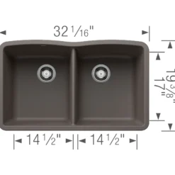 Blanco Diamond 32" Undermount Silgranit Kitchen Sink, 50/50 Double Bowl, Volcano Gray, No Faucet Hole, 443105