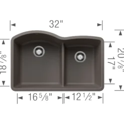Blanco Diamond 32" Undermount Silgranit Kitchen Sink, 60/40 Double Bowl, Volcano Gray, No Faucet Hole, 443102