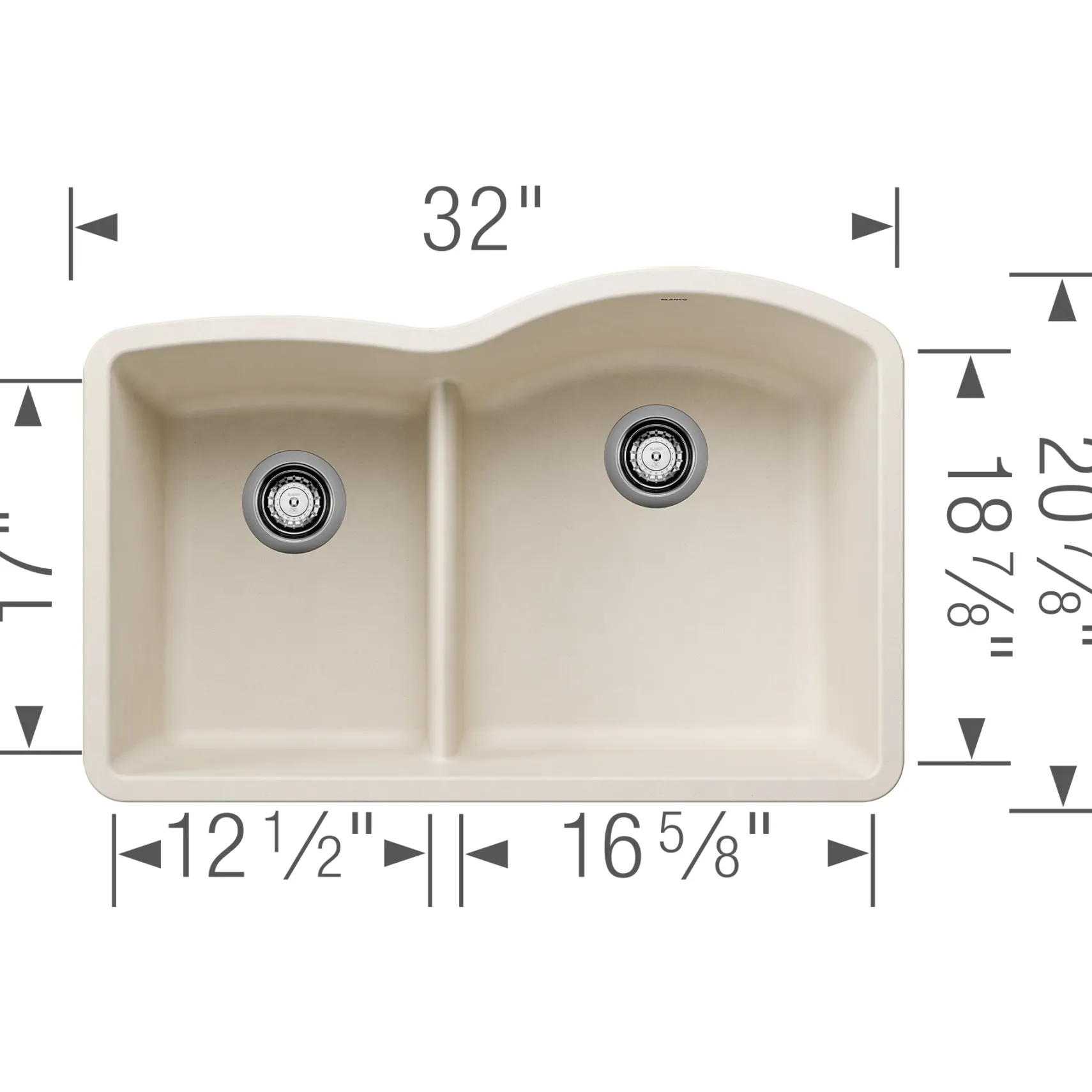 Blanco Diamond 32" Undermount Silgranit Kitchen Sink, 60/40 Double Bowl, Soft White, No Faucet Hole, 443066