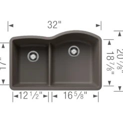 Blanco Diamond 32" Undermount Silgranit Kitchen Sink, 60/40 Double Bowl, Volcano Gray, No Faucet Hole, 443103