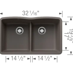 Blanco Diamond 32" Undermount Silgranit Kitchen Sink, 50/50 Double Bowl, Volcano Gray, No Faucet Hole, 443106