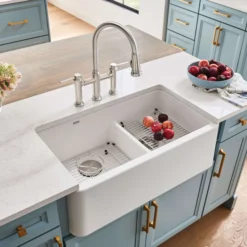 Blanco Ikon 33" Granite Composite Farmhouse Sink, Silgranit, 60/40 Double Bowl, White, 402324