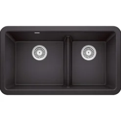 Blanco Ikon 33" Granite Composite Farmhouse Sink, Silgranit, 60/40 Double Bowl, Anthracite, 402322