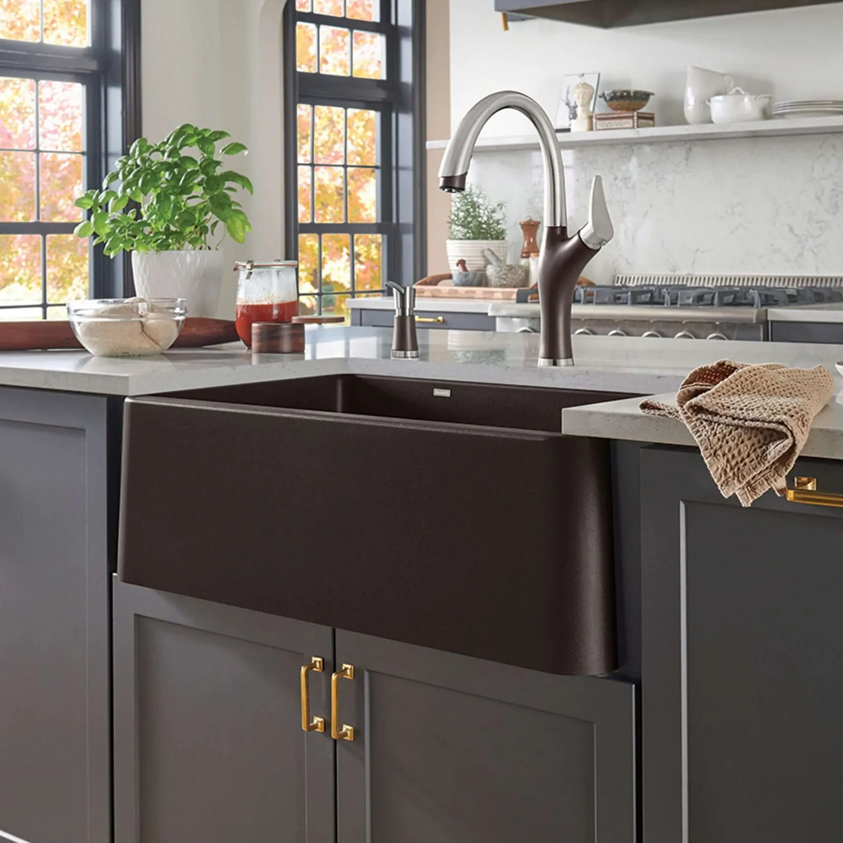 Blanco Ikon 33" Granite Composite Farmhouse Sink, Silgranit, 60/40 Double Bowl, Cafe, 402323