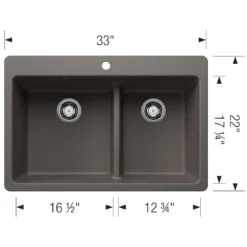 Blanco Liven 33" Dual Mount Silgranit Kitchen Sink, 60/40 Double Bowl, Volcano Gray, 1 Faucet Hole, 443216