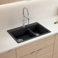 Blanco Liven 33" Dual Mount Silgranit Kitchen Sink, 60/40 Double Bowl, Coal Black, 1 Faucet Hole, 443210