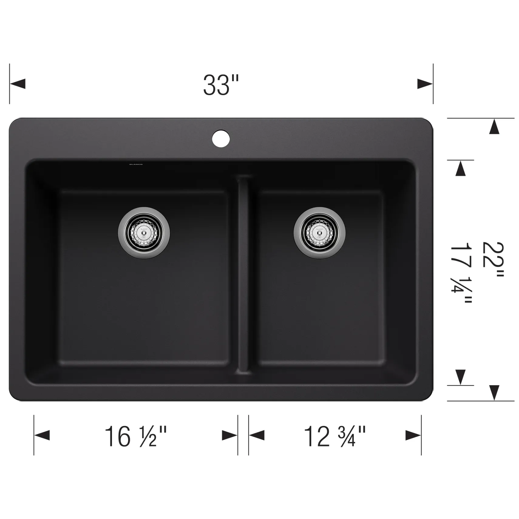 Blanco Liven 33" Dual Mount Silgranit Kitchen Sink, 60/40 Double Bowl, Coal Black, 1 Faucet Hole, 443210
