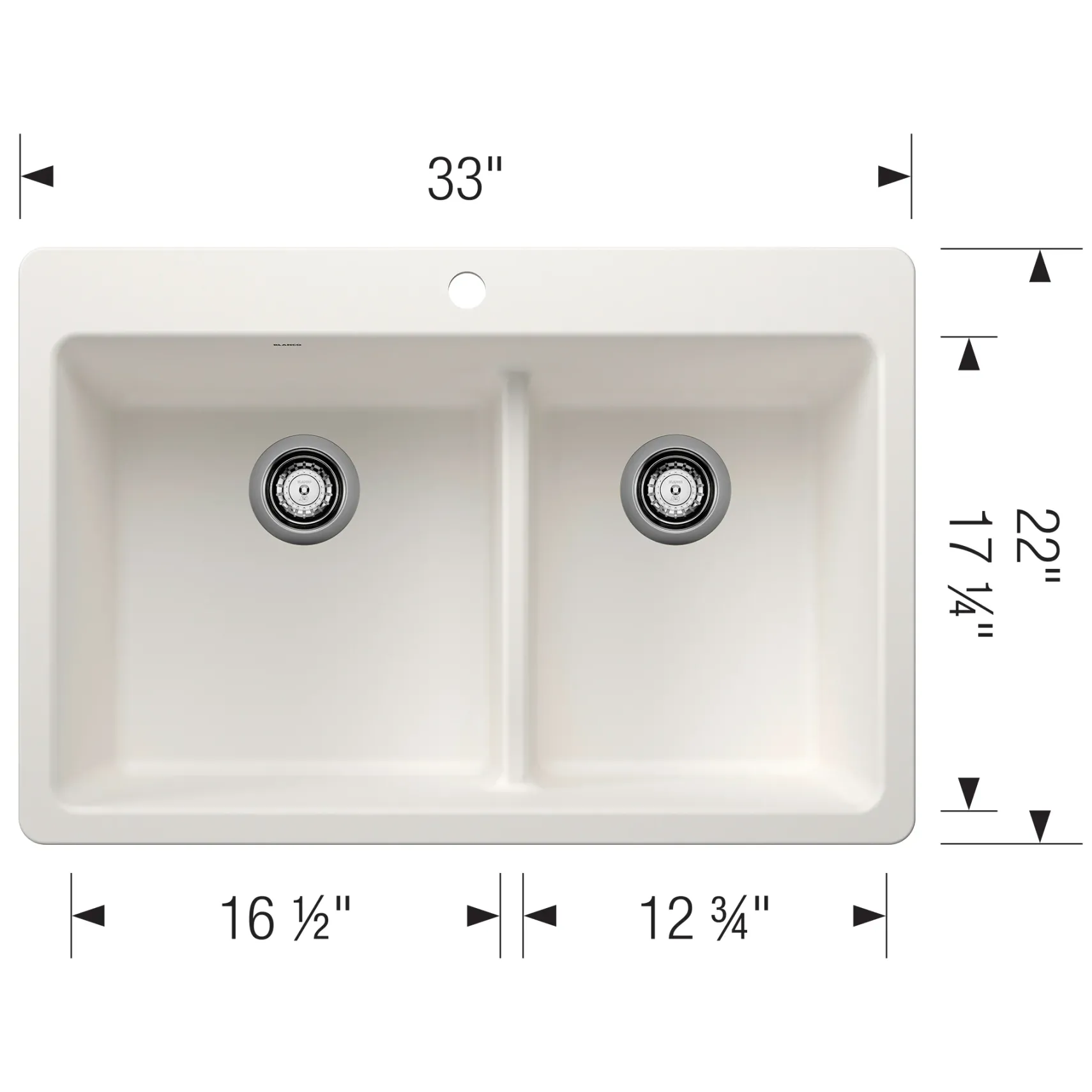 Blanco Liven 33" Dual Mount Silgranit Kitchen Sink, 60/40 Double Bowl, White, 1 Faucet Hole, 443213