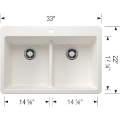 Blanco Liven 33" Dual Mount Silgranit Kitchen Sink, 50/50 Double Bowl, White, 1 Faucet Hole, 443205