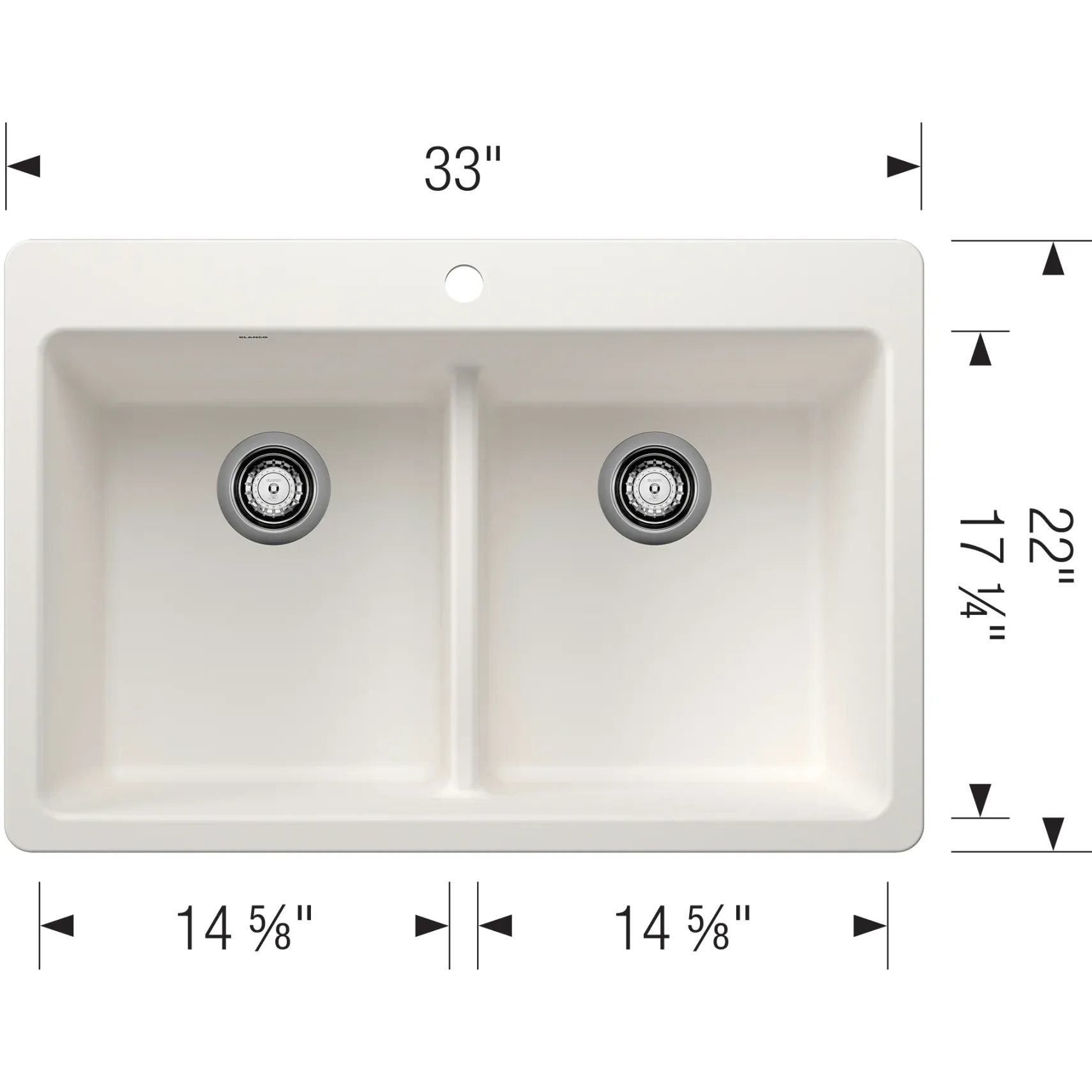 Blanco Liven 33" Dual Mount Silgranit Kitchen Sink, 50/50 Double Bowl, White, 1 Faucet Hole, 443205