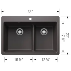 Blanco Liven 33" Dual Mount Silgranit Kitchen Sink, 60/40 Double Bowl, Cinder, 1 Faucet Hole, 443212