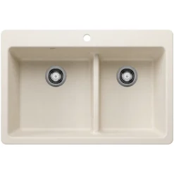 Blanco Liven 33" Dual Mount Silgranit Kitchen Sink, 60/40 Double Bowl, Soft White, 1 Faucet Hole, 443217