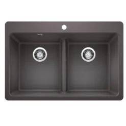 Blanco Liven 33" Dual Mount Silgranit Kitchen Sink, 50/50 Double Bowl, Cinder, 1 Faucet Hole, 443204