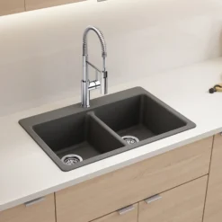 Blanco Liven 33" Dual Mount Silgranit Kitchen Sink, 50/50 Double Bowl, Cinder, 1 Faucet Hole, 443204