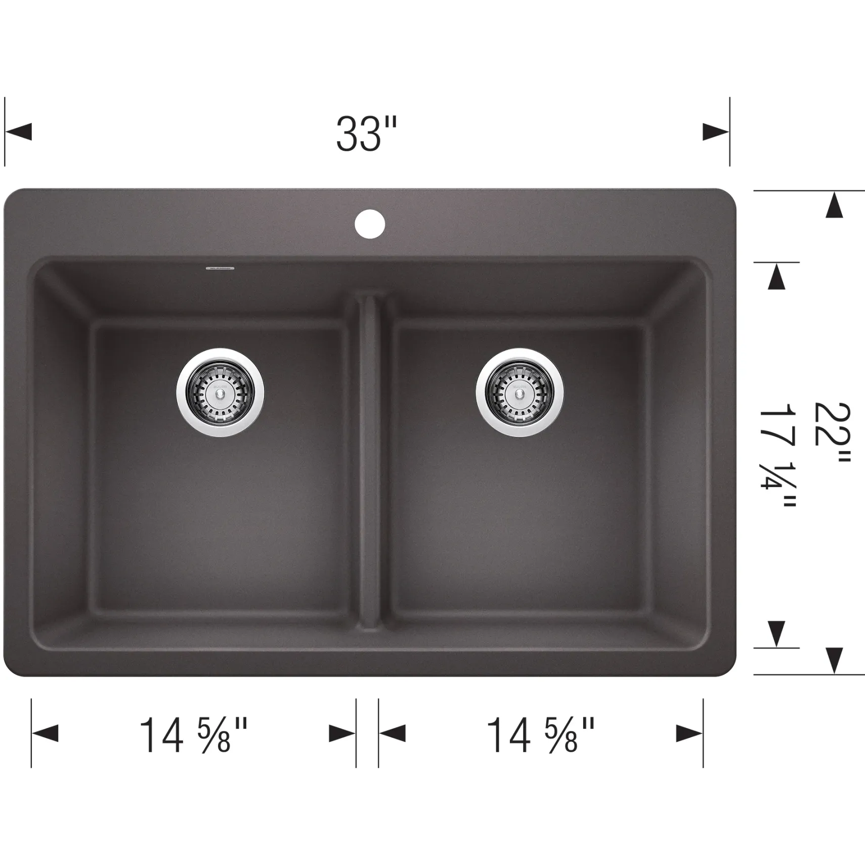 Blanco Liven 33" Dual Mount Silgranit Kitchen Sink, 50/50 Double Bowl, Cinder, 1 Faucet Hole, 443204