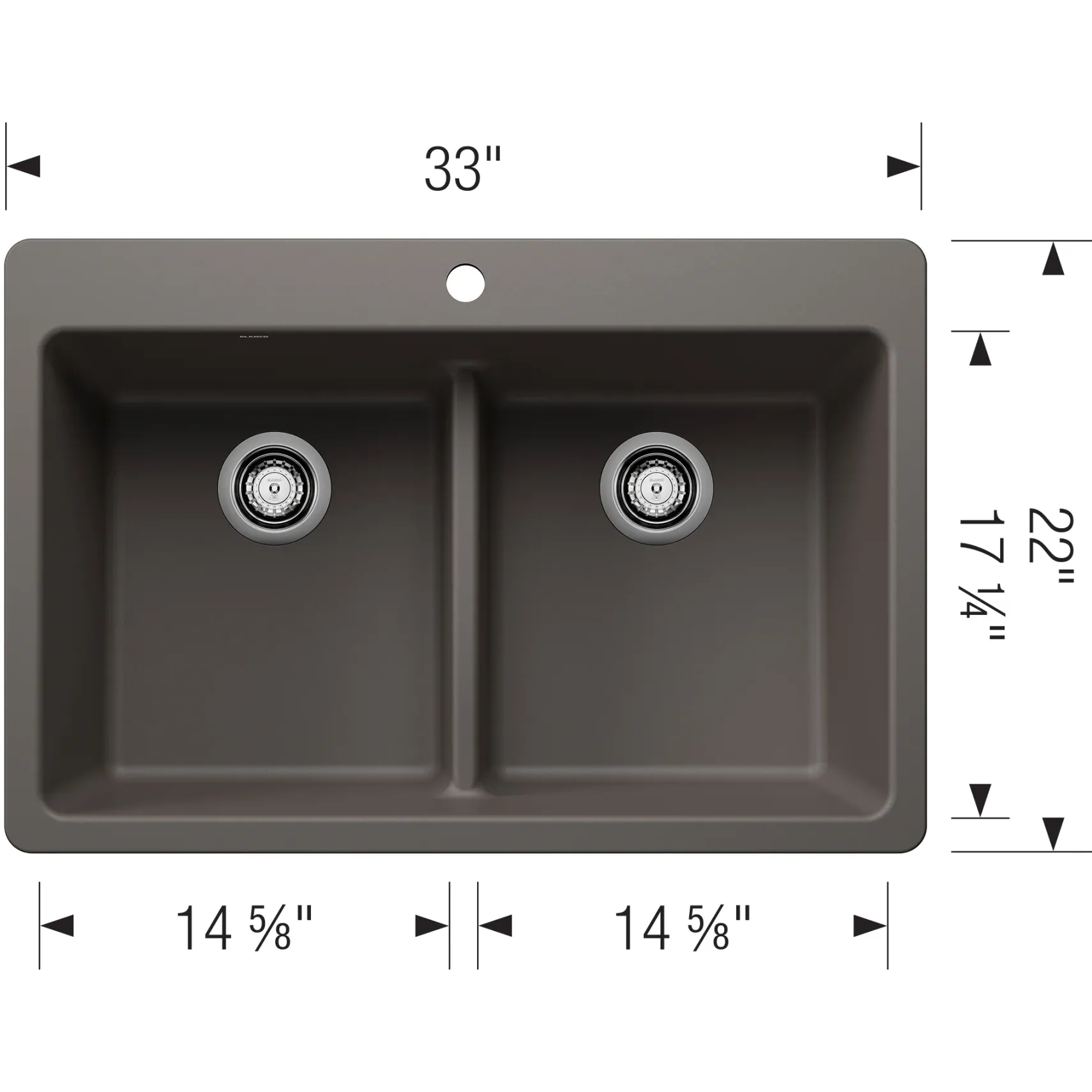 Blanco Liven 33" Dual Mount Silgranit Kitchen Sink, 50/50 Double Bowl, Volcano Gray, 1 Faucet Hole, 443208