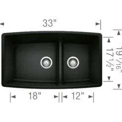 Blanco Performa 33" Undermount Granite Composite Kitchen Sink, Silgranit, 60/40 Double Bowl, Coal Black, 442939