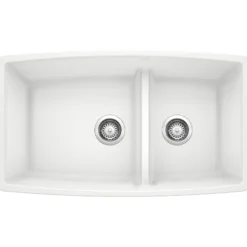 Blanco Performa 33" Undermount Granite Composite Kitchen Sink, Silgranit, 60/40 Double Bowl, White, 441310