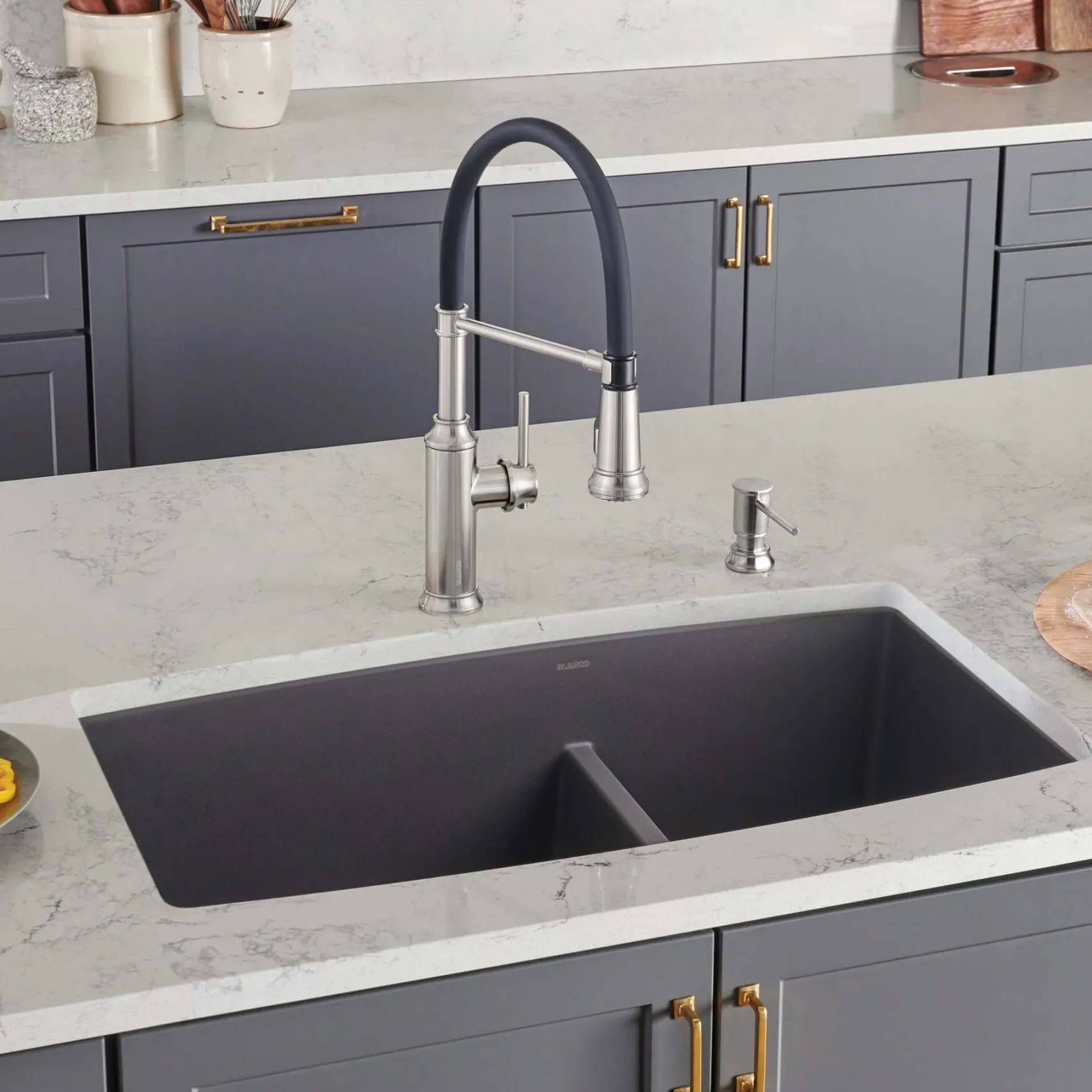 Blanco Performa 33" Undermount Granite Composite Kitchen Sink, Silgranit, 60/40 Double Bowl, Cinder, 441474