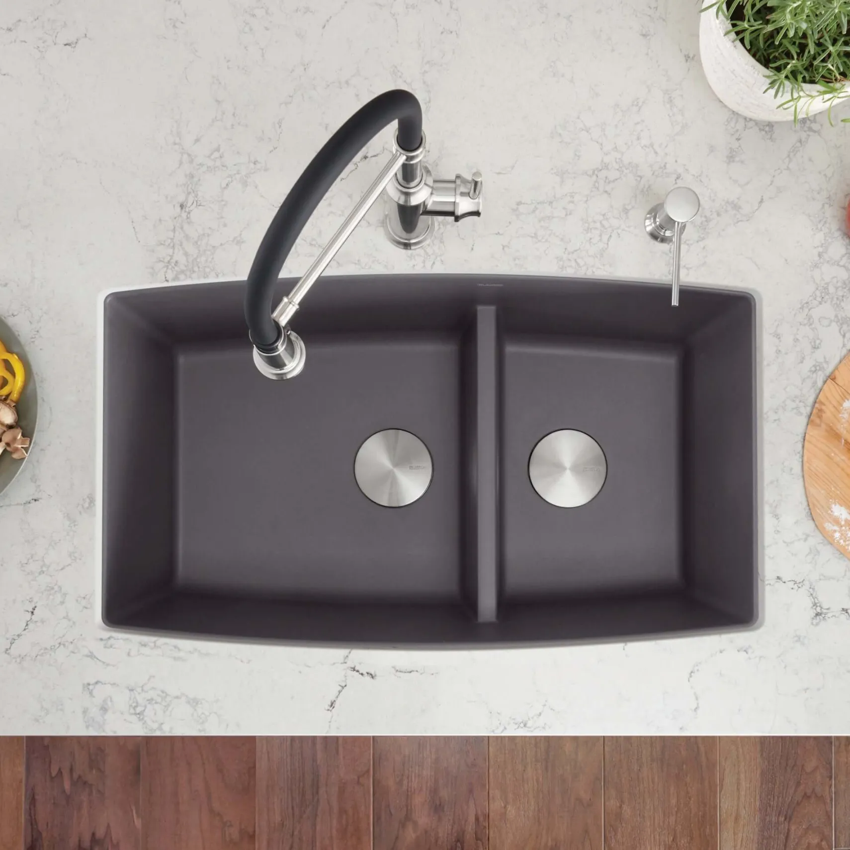 Blanco Performa 33" Undermount Granite Composite Kitchen Sink, Silgranit, 60/40 Double Bowl, Cinder, 441474