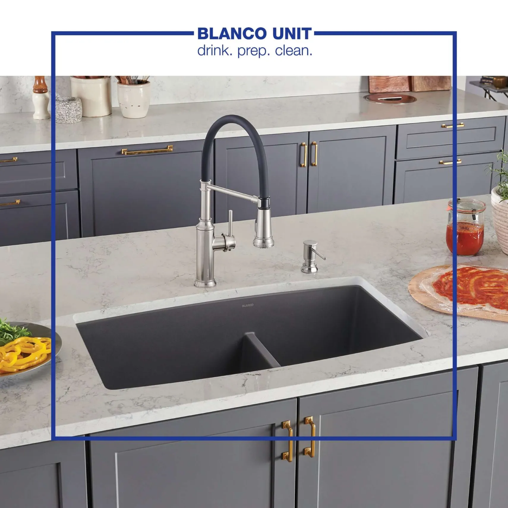 Blanco Performa 33" Undermount Granite Composite Kitchen Sink, Silgranit, 60/40 Double Bowl, Cinder, 441474