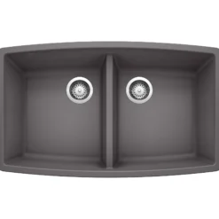 Blanco Performa 33" Undermount Granite Composite Kitchen Sink, Silgranit, 50/50 Double Bowl, Cinder, 441473