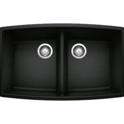 Blanco Performa 33" Undermount Granite Composite Kitchen Sink, Silgranit, 50/50 Double Bowl, Coal Black, 442937
