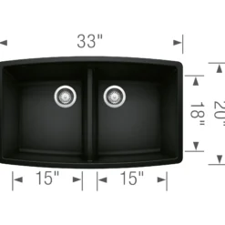 Blanco Performa 33" Undermount Granite Composite Kitchen Sink, Silgranit, 50/50 Double Bowl, Coal Black, 442937