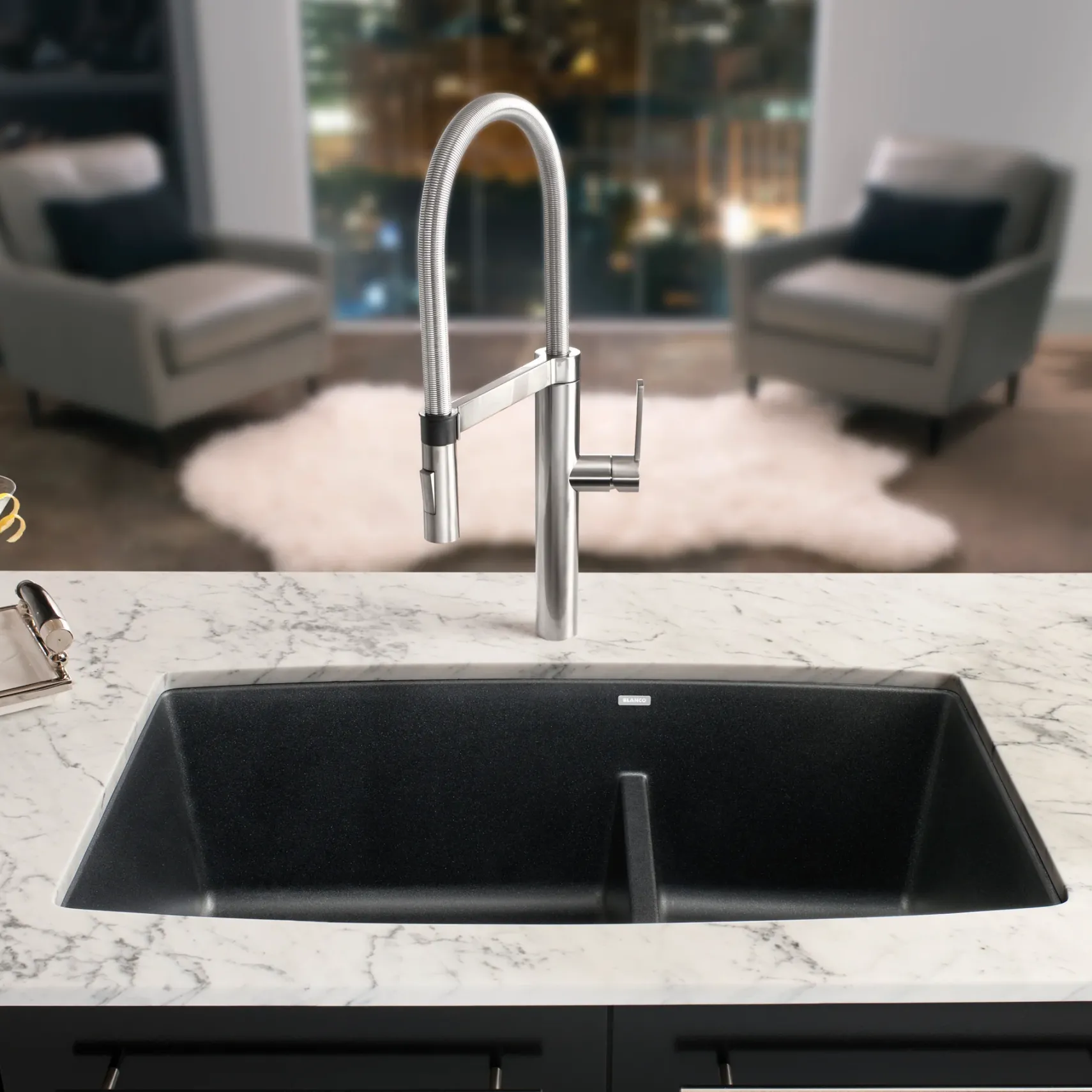 Blanco Performa 33" Undermount Granite Composite Kitchen Sink, Silgranit, 60/40 Double Bowl, Anthracite, 441312
