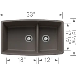 Blanco Performa 33" Undermount Silgranit Kitchen Sink, 60/40 Double Bowl, Volcano Gray, No Faucet Hole, 443125
