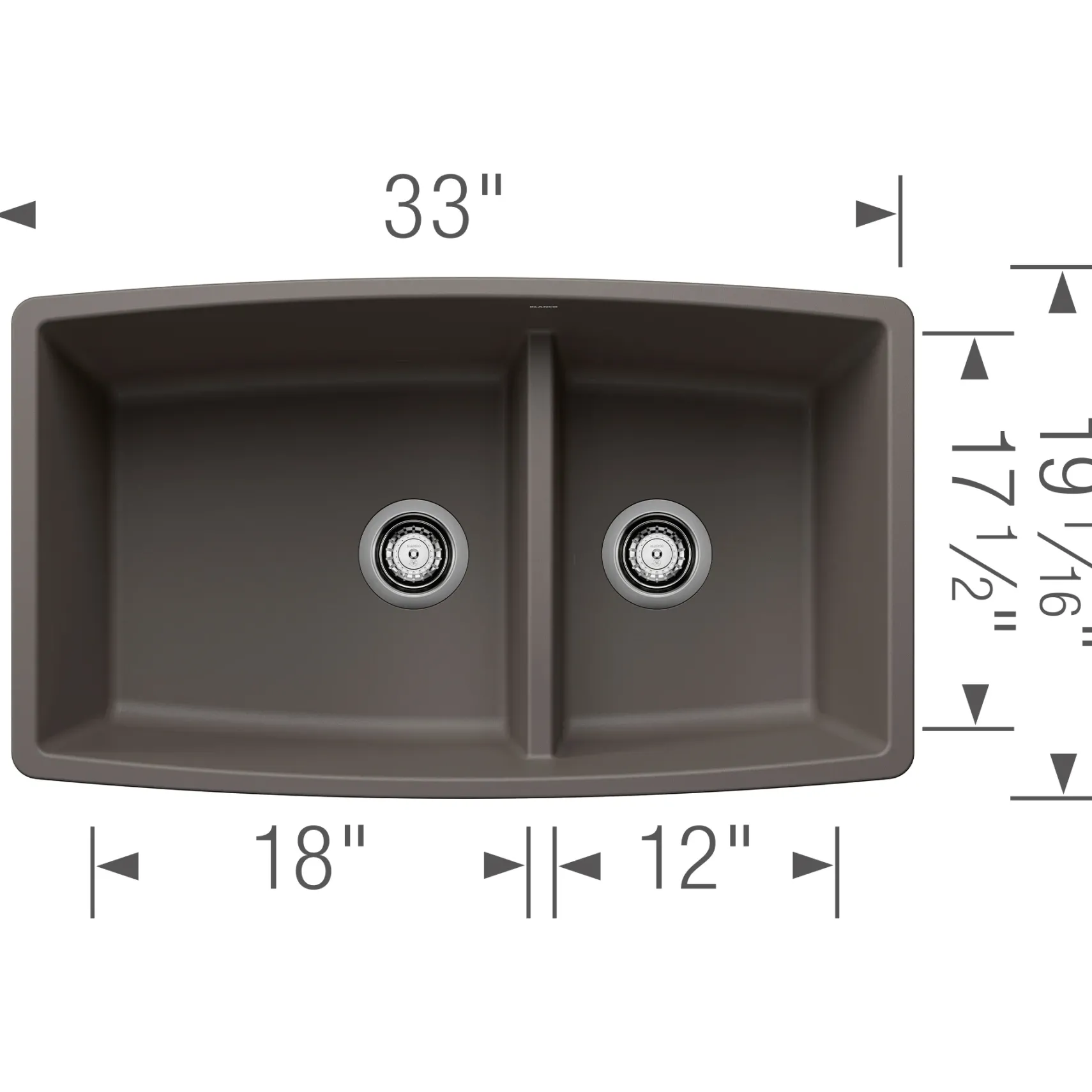 Blanco Performa 33" Undermount Silgranit Kitchen Sink, 60/40 Double Bowl, Volcano Gray, No Faucet Hole, 443125