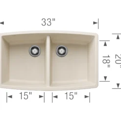 Blanco Performa 33" Undermount Silgranit Kitchen Sink, 50/50 Double Bowl, Soft White, No Faucet Hole, 443086