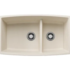 Blanco Performa 33" Undermount Silgranit Kitchen Sink, 60/40 Double Bowl, Soft White, No Faucet Hole, 443088