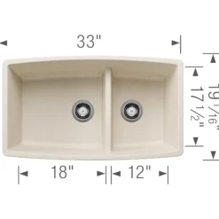Blanco Performa 33" Undermount Silgranit Kitchen Sink, 60/40 Double Bowl, Soft White, No Faucet Hole, 443088