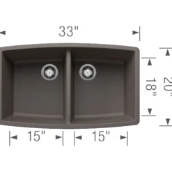 Blanco Performa 33" Undermount Silgranit Kitchen Sink, 50/50 Double Bowl, Volcano Gray, No Faucet Hole, 443123