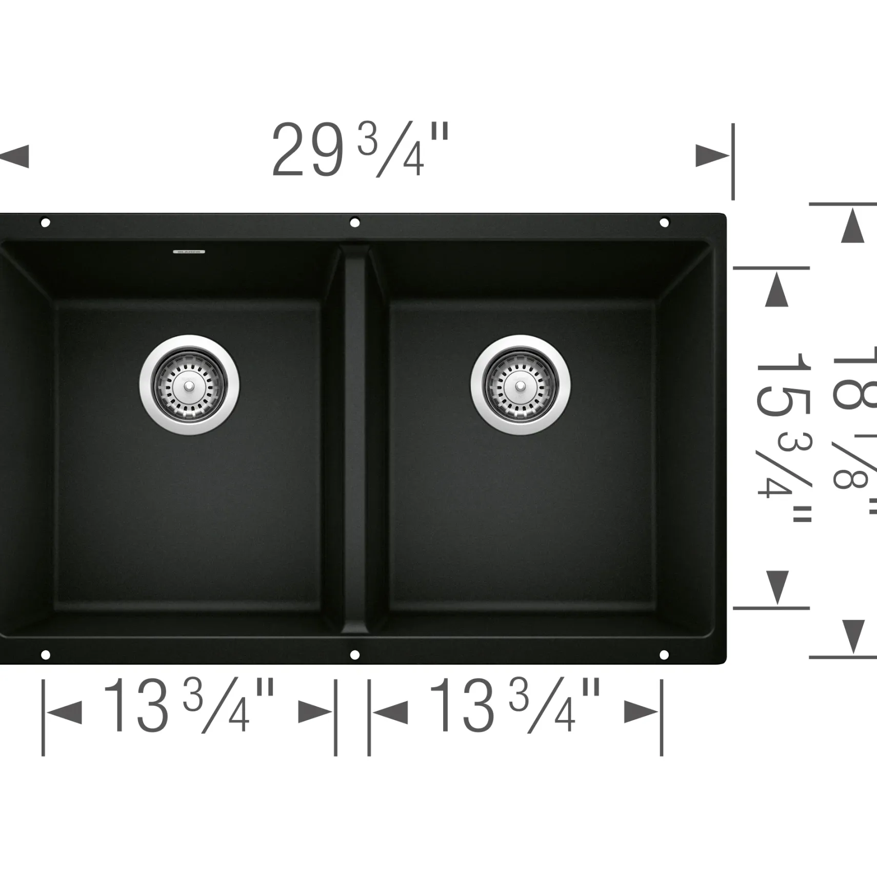 Blanco Precis 30" Undermount Granite Composite Kitchen Sink, Silgranit, 50/50 Double Bowl, Coal Black, 442927