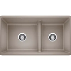 Blanco Precis 33" Undermount Granite Composite Kitchen Sink, Silgranit, 60/40 Double Bowl, Truffle, 442522