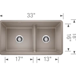 Blanco Precis 33" Undermount Granite Composite Kitchen Sink, Silgranit, 60/40 Double Bowl, Truffle, 442522